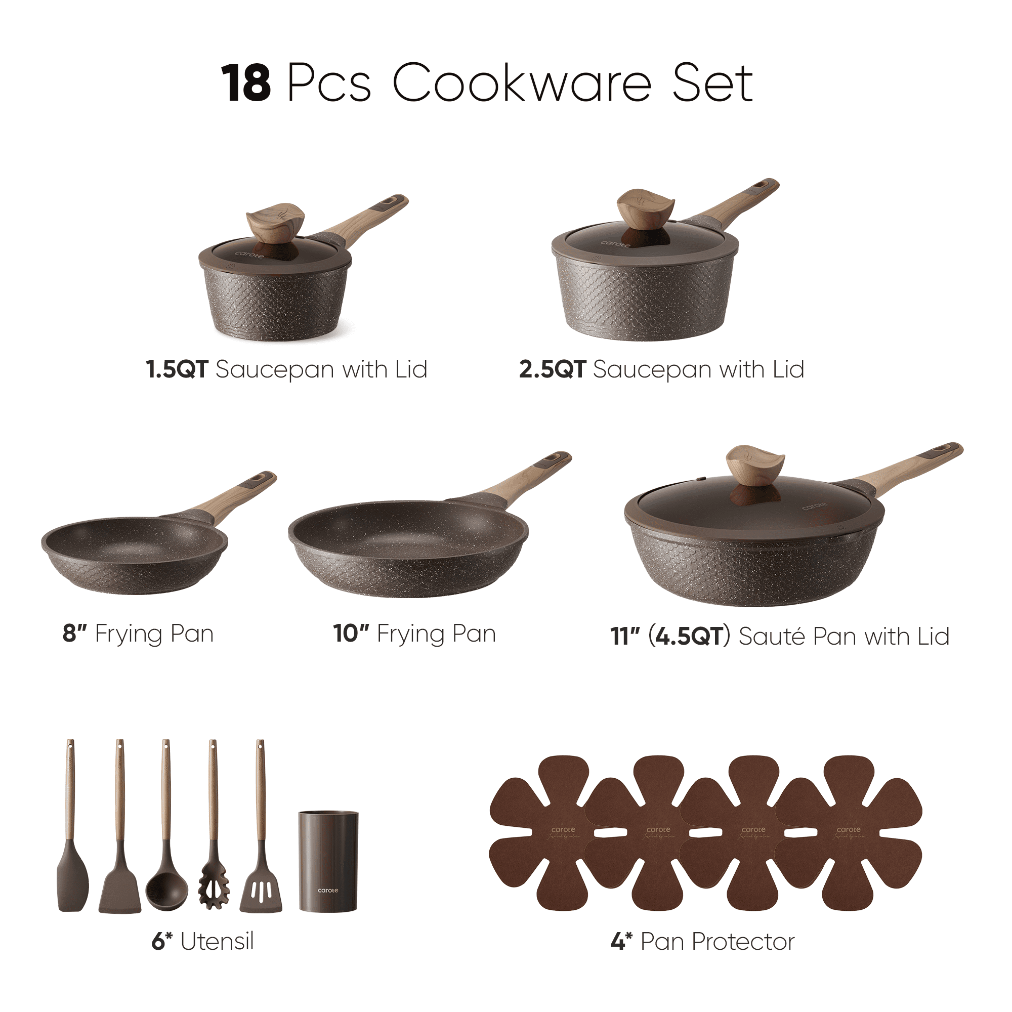 Carote 18-Piece Nonstick Pots and Pans, Granite Cookware Set with Kitchen Utensils, Brown
