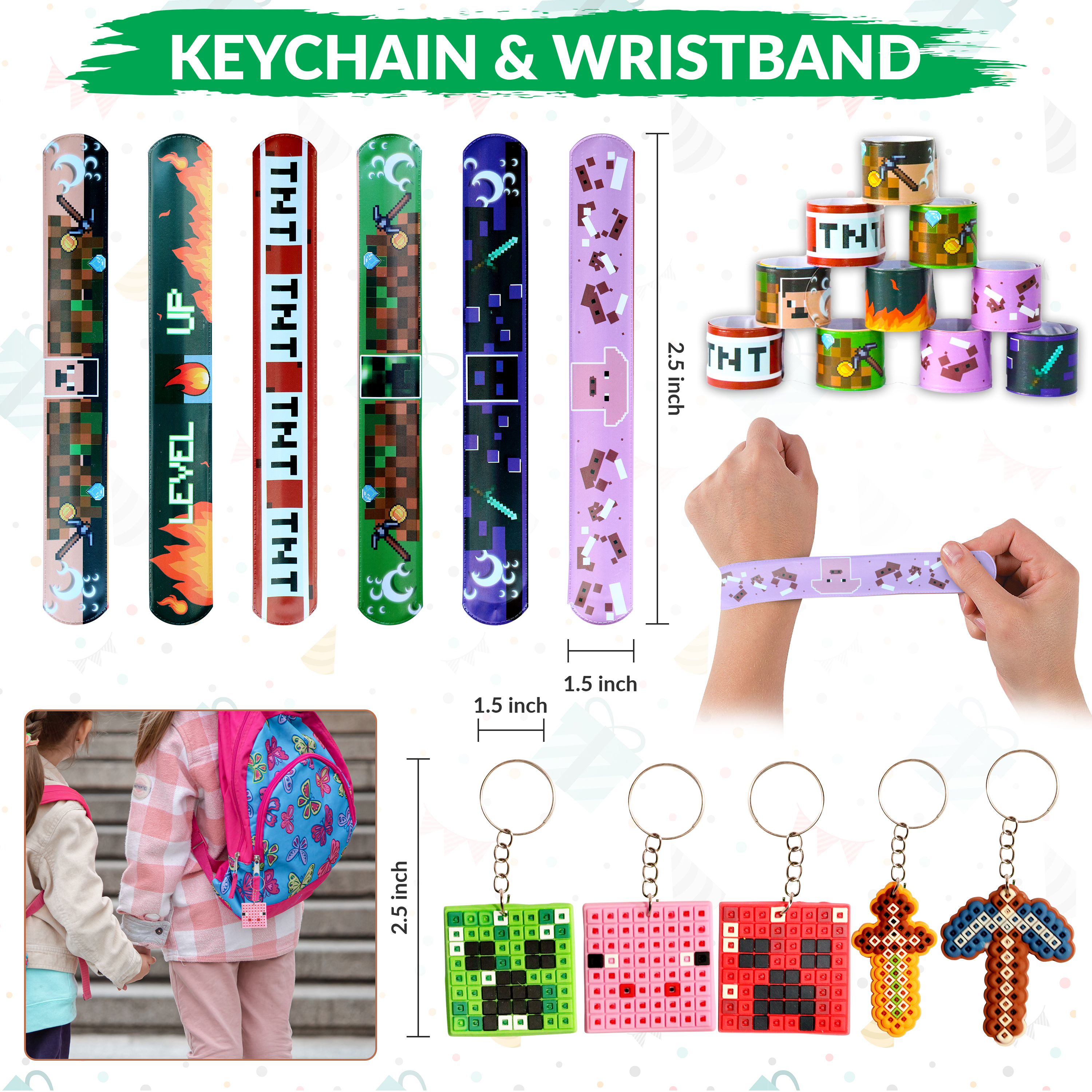 60 Pcs Miner Pixel Theme Birthday Party Favors Keychain Slap band Stickers Treat Bag Straw for Kids Party Supply