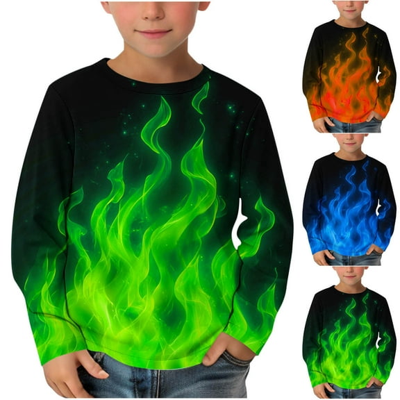 Teyfeniy Green Boys Flame Graphic Shirts Toddlers Kids Long Sleeve Tops Spring Fall Casual Fashion Pullover Outfit Stylish Blouses