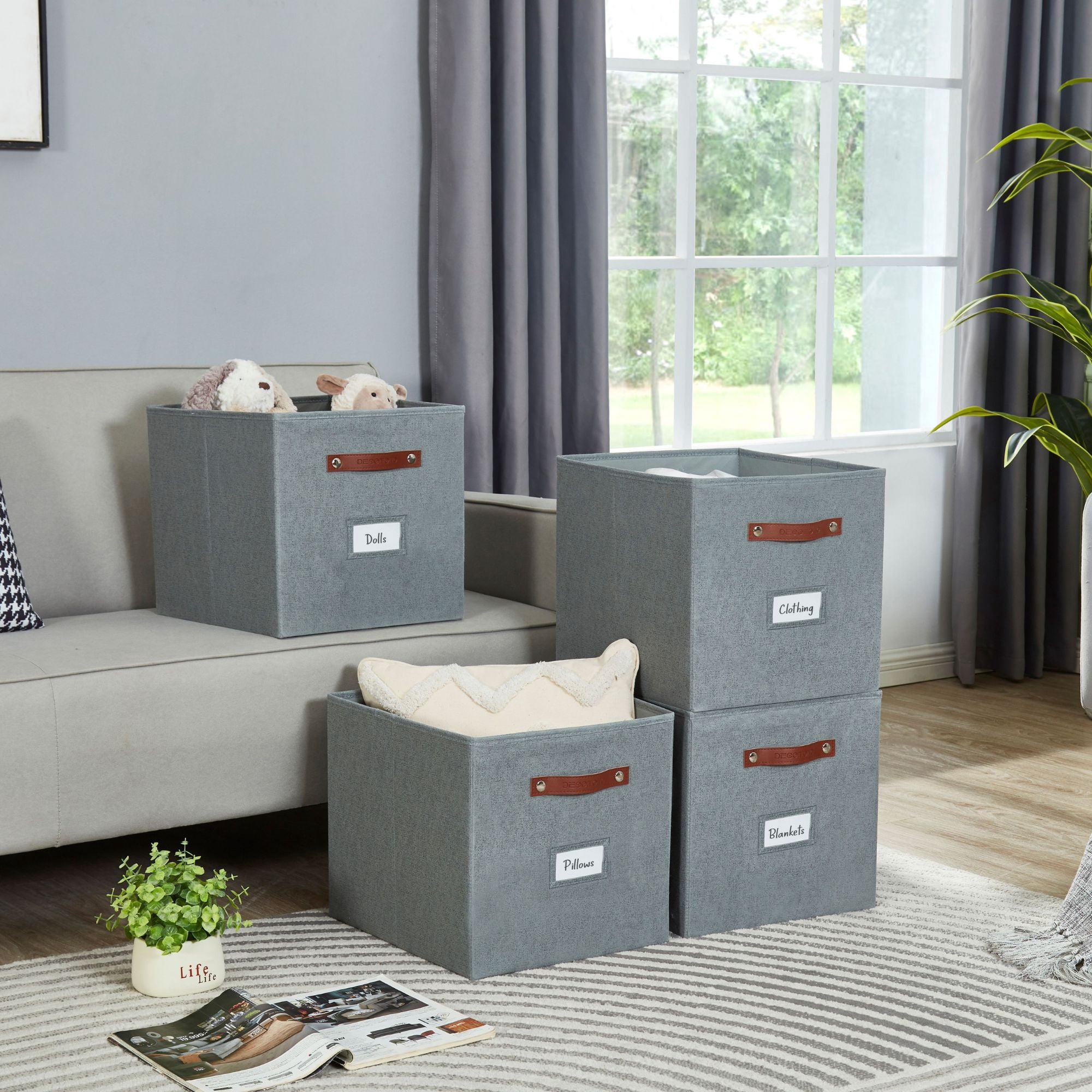 DECOMOMO Cube Storage Bin 13" x 15" x 13" | Cube Organizer Bin | Collapsible Storage Cube | Fabric Storage Cube | Set of 4, Texture Grey