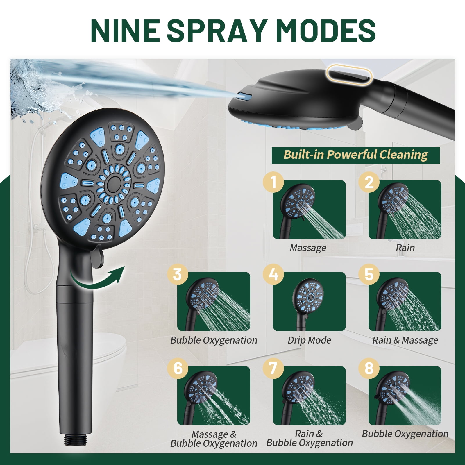 Cobbe 8-Inch Dual Shower Heads with Handheld Spray Combo, 3-Way Rain Shower Head, 9-Spray Patterns Handheld Shower, Matte Black
