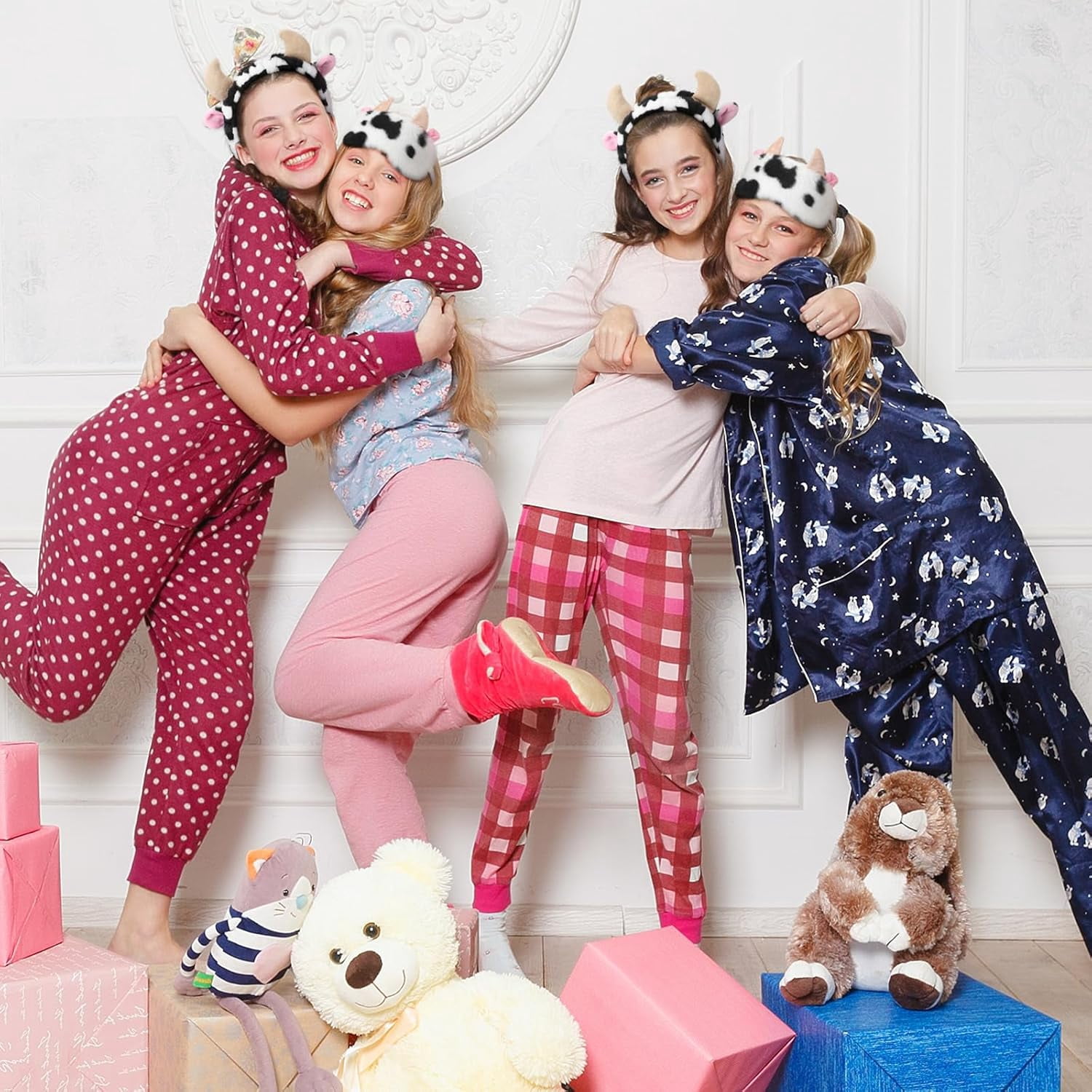 12 Pcs Cow Spa Sleepover Party Supplies for Women Soft Cow Ears Makeup Headband for Washing Face Cute Print Sleep Eye Mask for Sleepover Slumber Party Favors Gifts