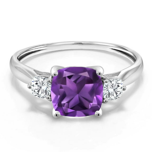 Gem Stone King 1.66 Cttw 10K White Gold Purple Amethyst and White Moissanite 3-Stone Engagement Ring | Three Stone Wedding Anniversary Promise Ring for Women | Size 5,6,7,8,9