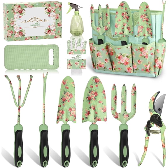 WisaKey 10-Piece Garden Tools Set - Heavy Duty Gardening Kit with Fashion Tool Handbag, an Ideal Gift for Women, Mom, and Garden Lovers.