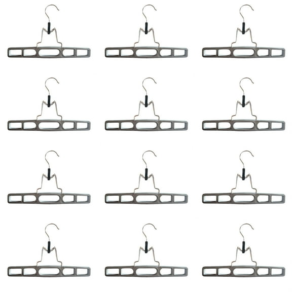 12 Pack Grey Premium Plastic Skirt Hangers, Space Saving Pant Set With Clamp, Shorts With Locking Clasp, Multipurpose Jean Set (12)