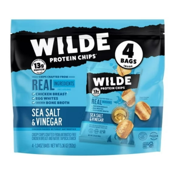 WILDE SNACKS - Protein Chips - Sea Salt & Vinegar - 4ct 5.4OZ ( Pack of 8)