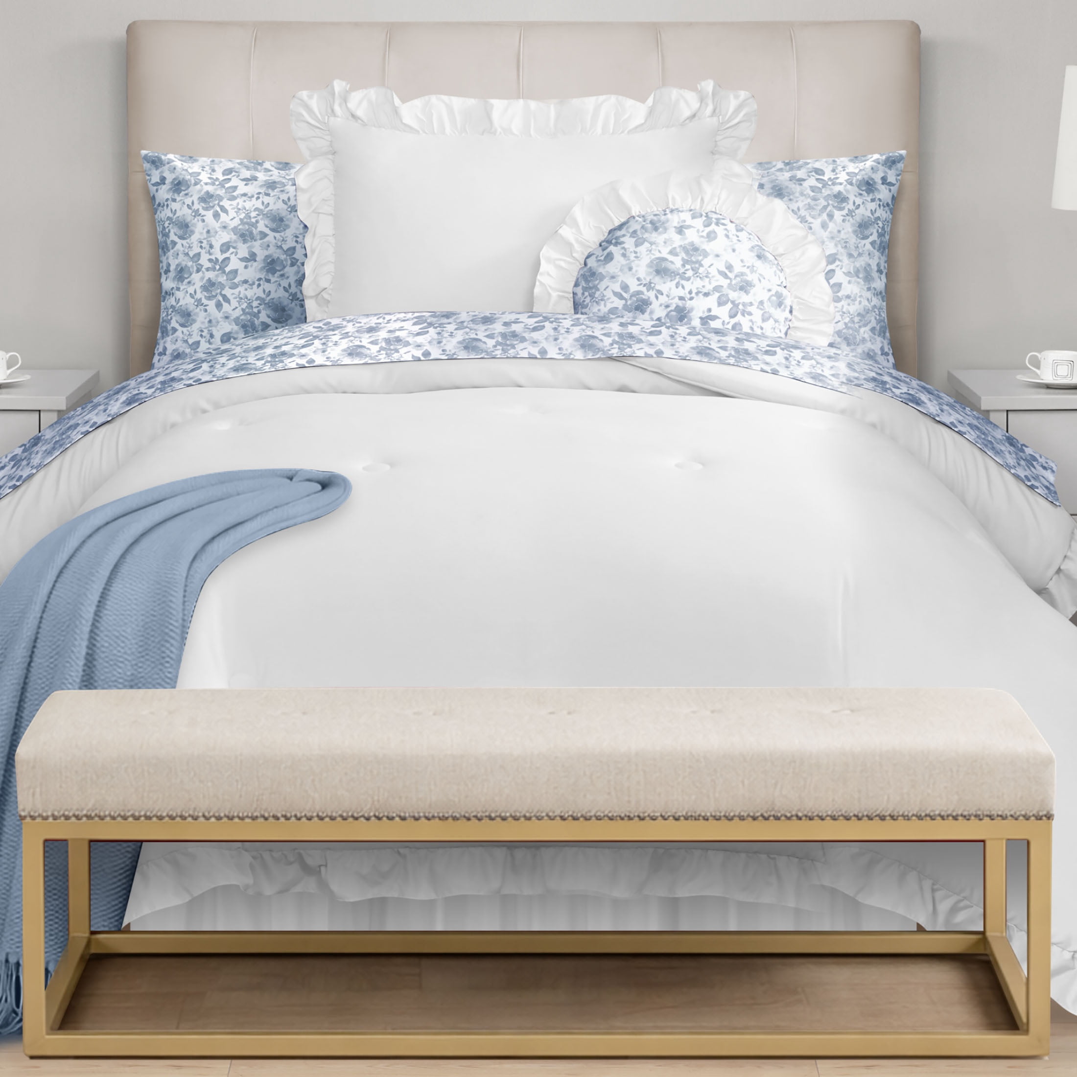 Mainstays All in One Reversible Comforter and Sheet Set- 8 Piece, Twin, White and Blue Ruffle