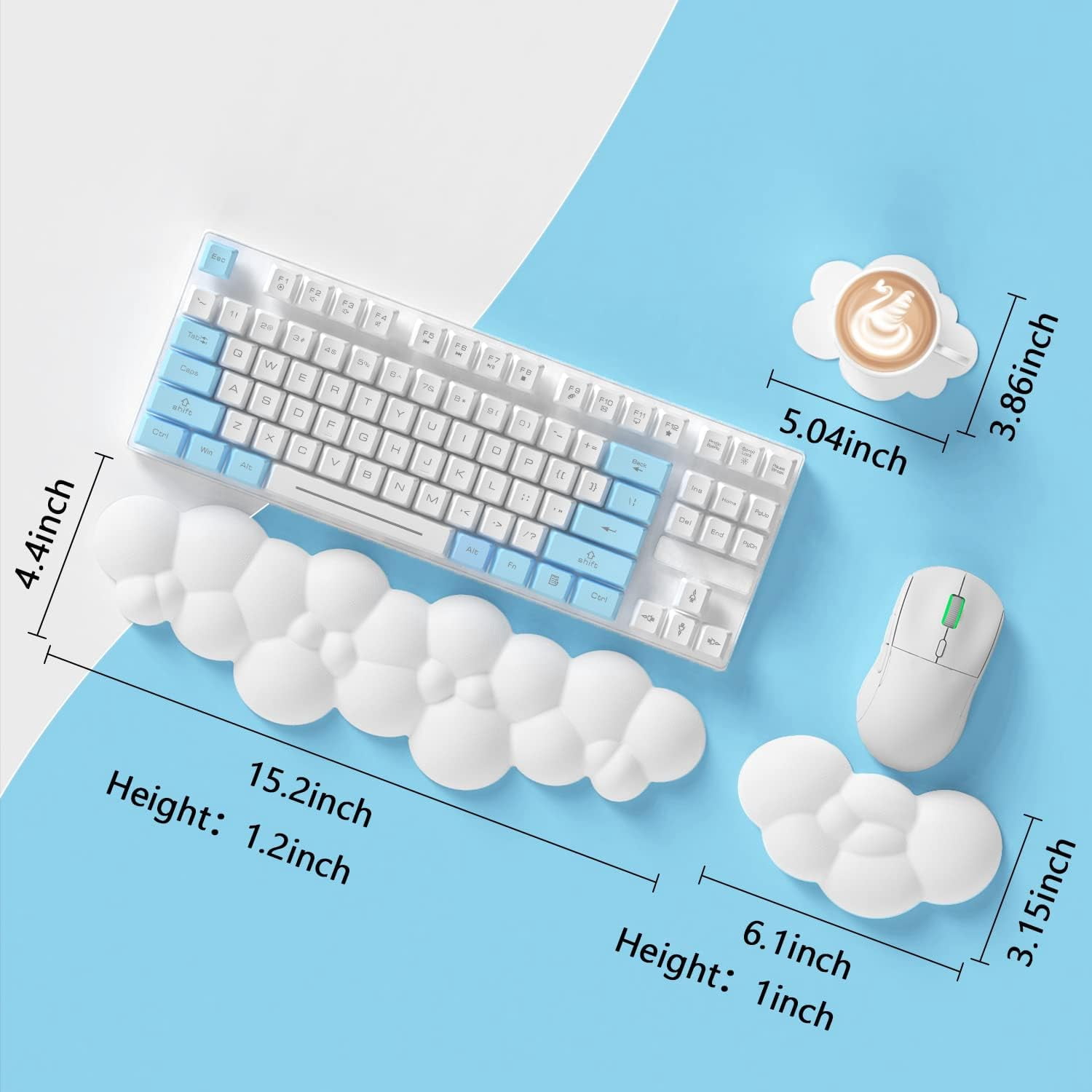 Attack Shark Cloud Keyboard Mouse Wrist Rest with Coaster Set,Ergonomic Palm Rest Combo for Pain Relief, Non-Slip Base,Ultra-Soft Memory Foam Wrist Cushion Support for Comfortable Typing/Gaming-White