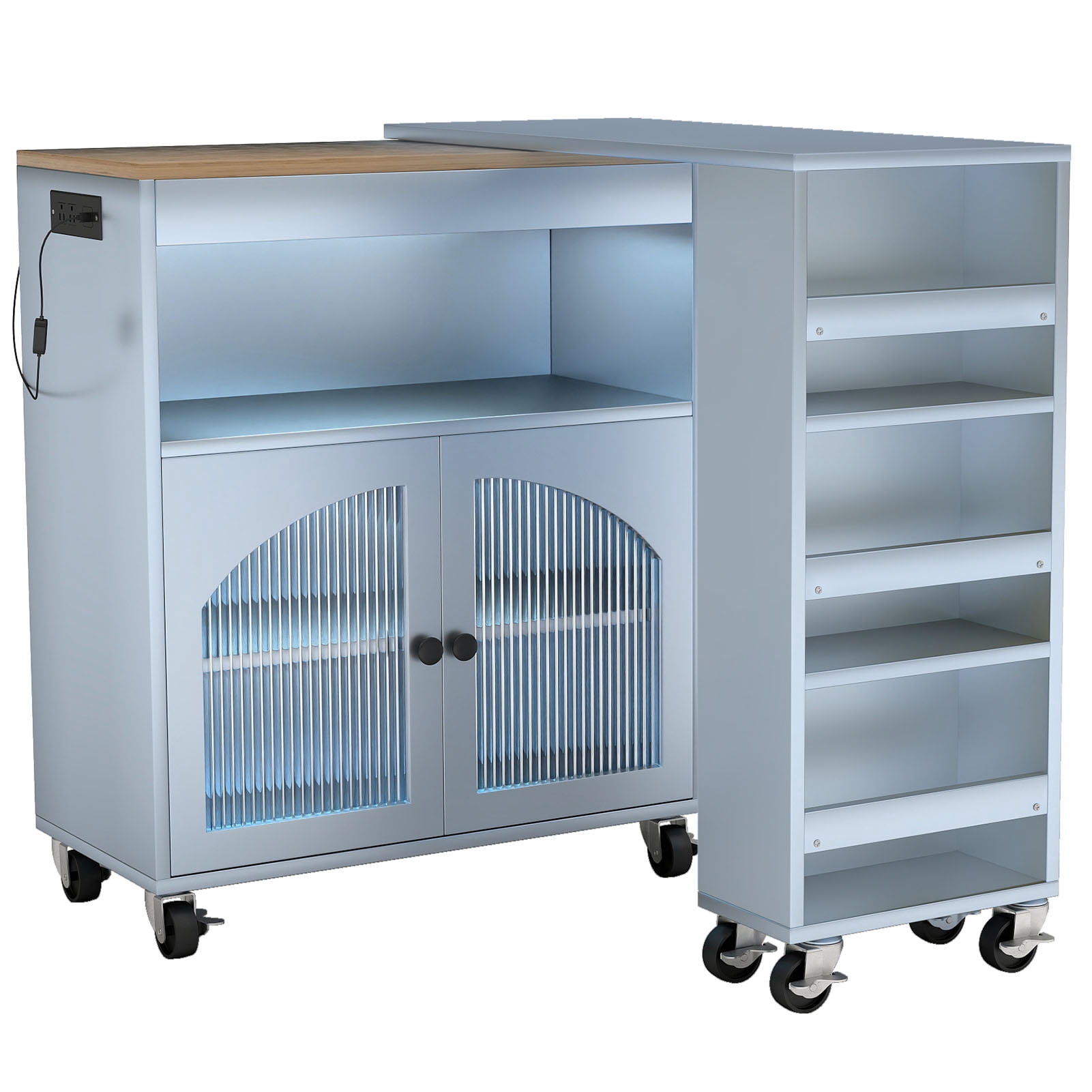 Kitchen Island, 2 Fluted Glass Doors MDF Lockable Wheels LED Light 2 USB Ports Kitchen Storage Cart  For Apartment