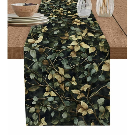 Branches Green Leaves Table Runner Cotton Linen 120 Inch Holiday Dresser Scarves,Vintage Botanical Forest Tablerunner for Kitchen Coffee Dining Bedroom Home Living Room Dinner Scarf Décor 13''x120''