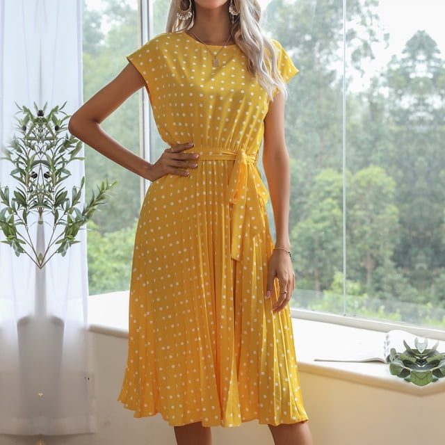 SMihono Robe d'Été Grande Taille pour Femmes 2023 Mode Imprimé à Pois Manches Courtes Col Rond Robe Décontractée