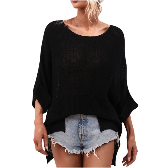 Summer Savings Clearance 2023! pbnbp Fall Sweaters for Women Fashion Loose Fit Knitted Long Sleeve Pullover Casual Solid V Neck Sweatshirts with Pockets