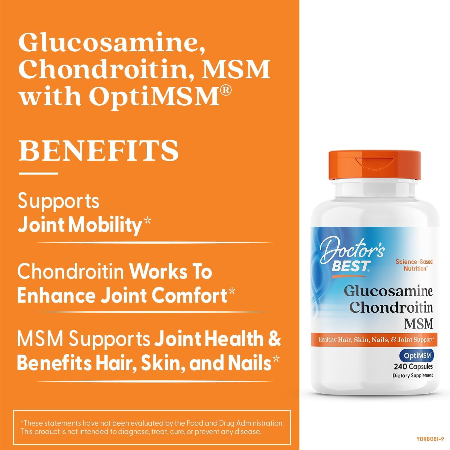 Doctor's Best Glucosamine Chondroitin MSM - Joint Health Support Supplement for Women & Men, Nutritional Support for Joint Strength, Hair, Skin, & Nails, Gluten Free, Non GMO - 240 Capsules