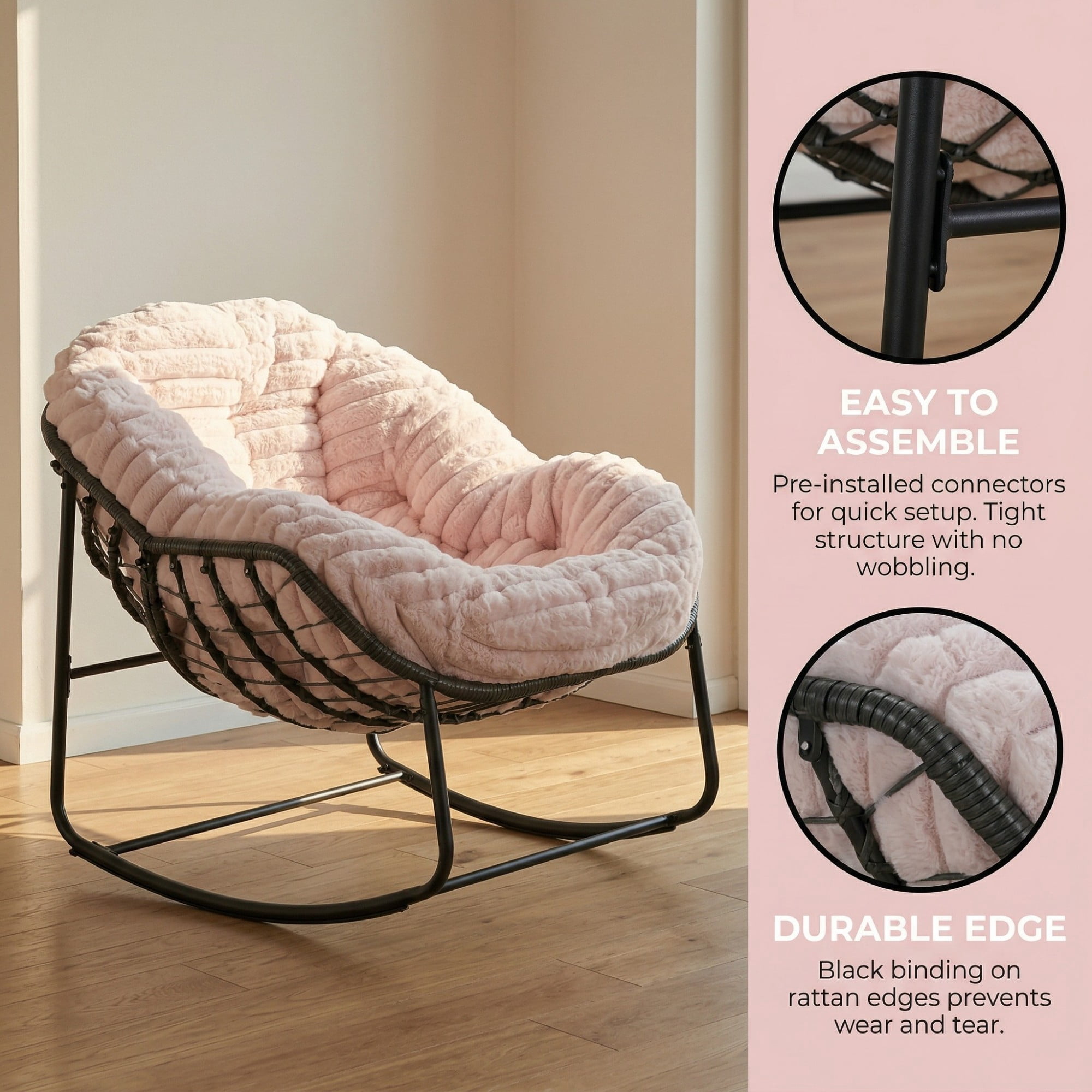 Outdoor Papasan Rocking Chair, Oversized Egg Chair with Cushion, Wicker Rattan Patio Rocker, Indoor Outdoor Lounge Chair for Porch Garden Living Room, Pink
