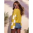 thumbnail image 5 of Womens Casual Checkered Color Block Sweaters Crew Neck Long Sleeve Cropped Knit Pullover Yellow XL, 5 of 8