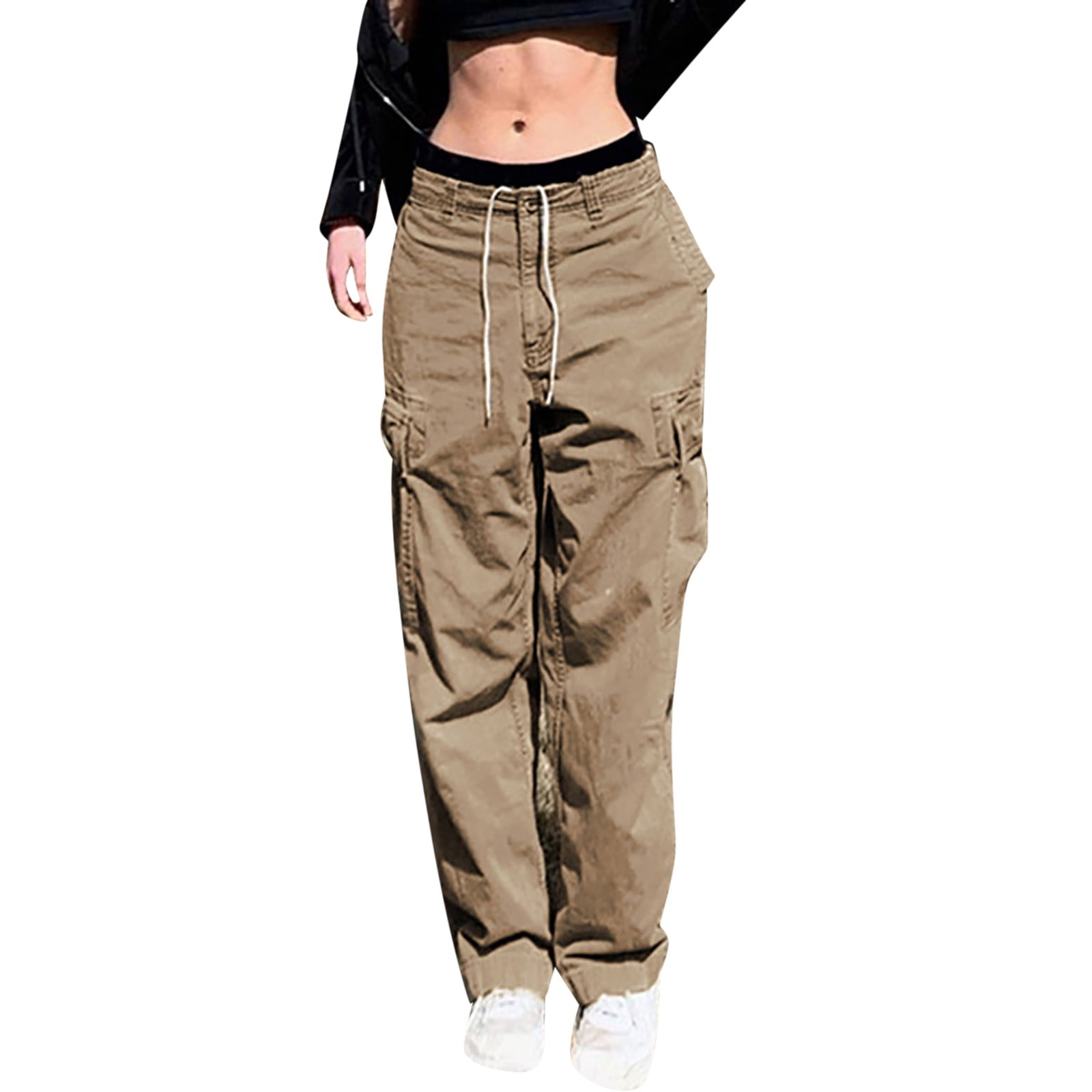 Womens Pants Trendy Loose Cargo Retro Multi Pocket Low Drawstring Pig Nose Buckle Slim Straight Woven Pant
