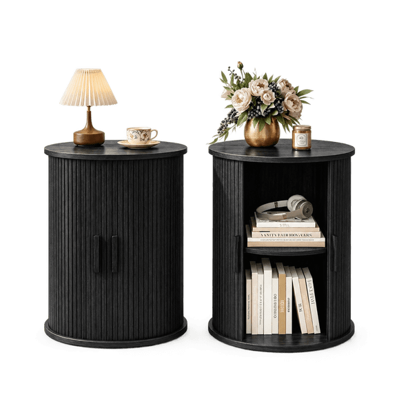 Pipleo End Table Set of 2, Tall Round Side Table with Tambour Door, Adjustable Shelf, Modern Nightstand for Living Room, Bedroom