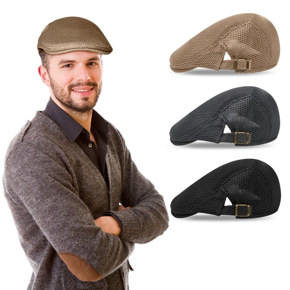SPOKKI 3 PCS Men's Mesh Newsboy Hat, Breathable Summer Flat Retro Beret Cap for Outdoor, Driving, Hunting, Casual, Golf