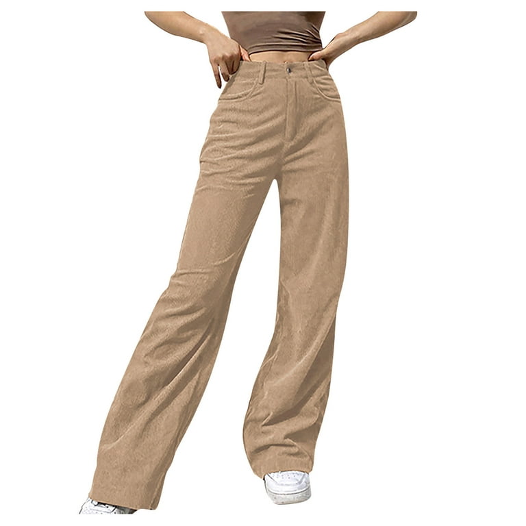 MRULIC jeans for women Women's Solid Mid Waisted Wide Leg Pants Straight  Casual Baggy Trousers Beige + S 