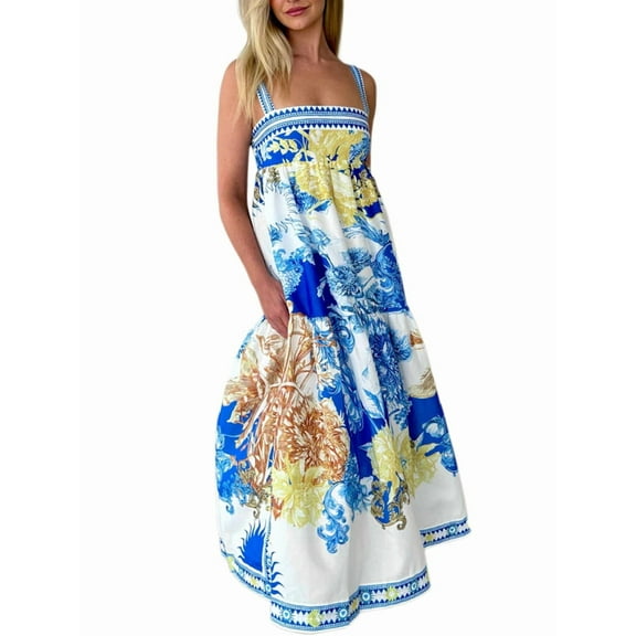 Women Boho Floral Maxi Dress Y2k Sleeveless Long Dress Print Spaghetti Strap A Line Dress Vacation Beach Sundress Blue L