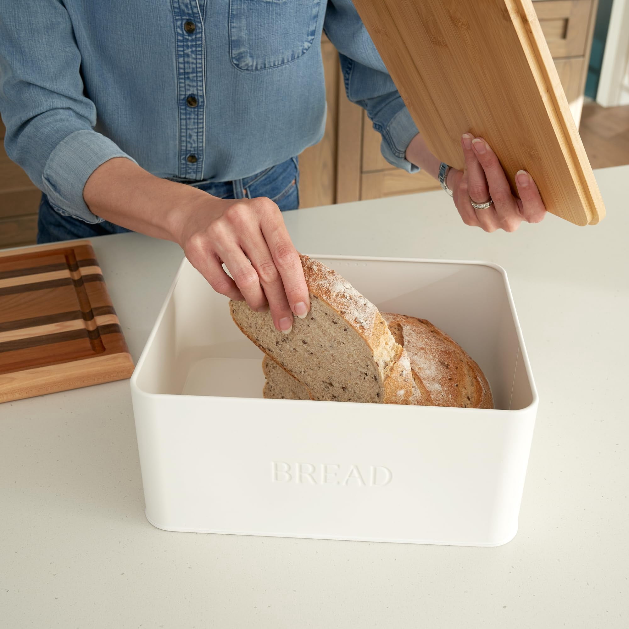 Stylish Bread Box with Wooden Lid for Kitchen Countertop, Spacious Storage Container for Homemade Bread Muffins Bagels, Premium Cutting Board Lid Keeps Bread Fresh