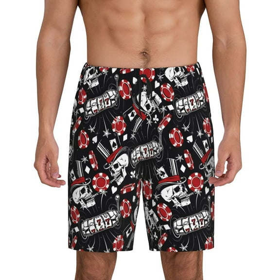 Kdxio Vintage Skull Casino Print Mens Sleep Shorts Bottoms Soft Comfy Pajama Wear Pants with Drawstring Pockets