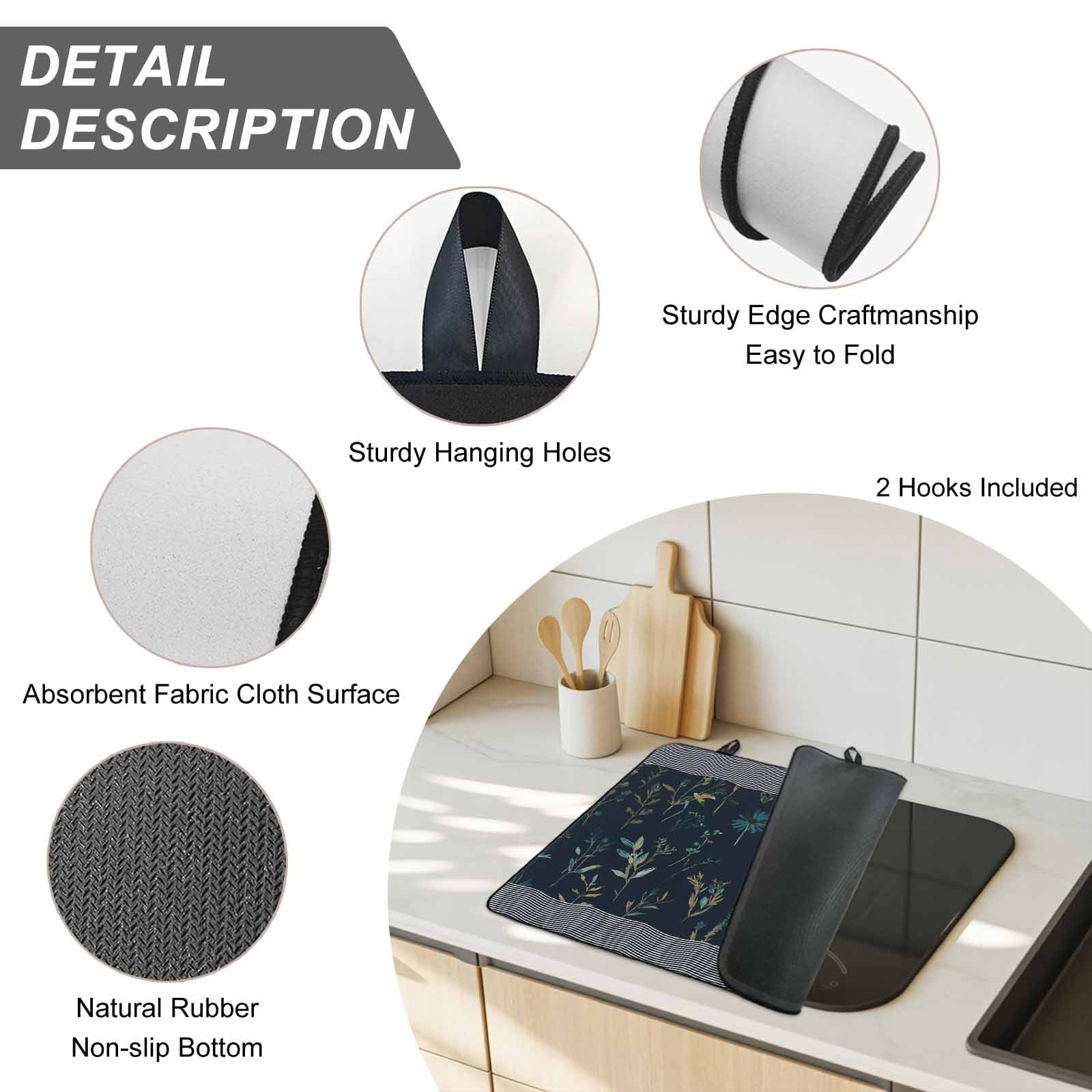 Black Spring Floral Stove Top Cover for Electric Stove, Heat-proof & Non Slip Glass Top Stove Cover Protector, Watercolor Botanical Flower Striped Kitchen Flat Cooktop Rubber Mat 24x21 Inches