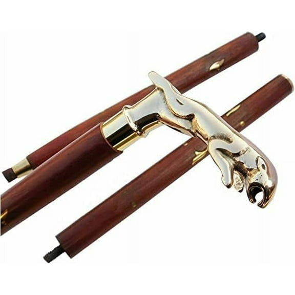 Riyex Designer Brass Jaguar Head Handle Walking Stick Antique Style Wooden Cane Designer Brass Golden Head Handle Walking Stick Antique Style Wooden Cane Gift
