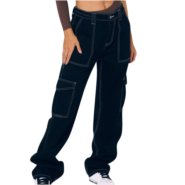 Bigersell Work Jeans for Men Skinny Jeans Discount Ladies Jeans Stretchy Slim Boot Cut Denim Pants Button Closure Ripped High Waist Jeans Female Straight Mid Waist Long Pants Style J-88 Black L
