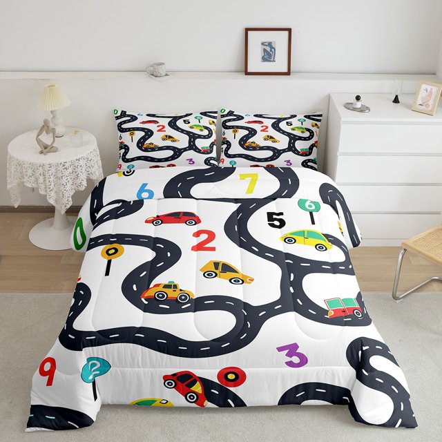 Erosebridal Colorful Car Bedding Queen Comforter Set, Traffic Line Down Comforter, Cartoon Truck Decor, Reversible 3-Piece