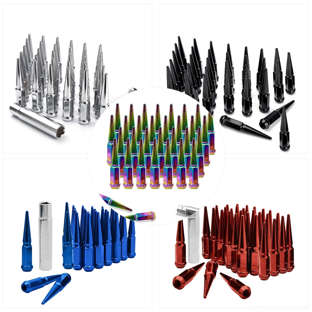 24 PC Solid Spline Spike Lug Nuts Kit | Black | 12x1.5 | Chevy | with Key