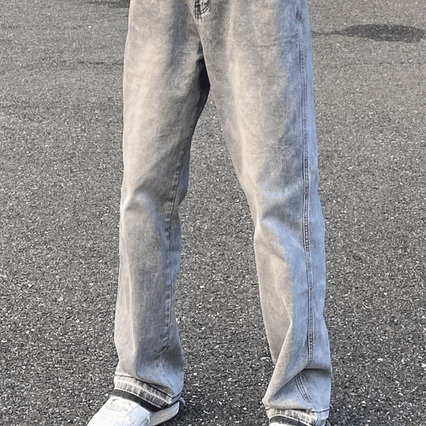 Pantalones vaqueros desgastados de color liso con lavado gris estilo americano para hombres y mujeres, pantalones casuales de pierna recta con flecos