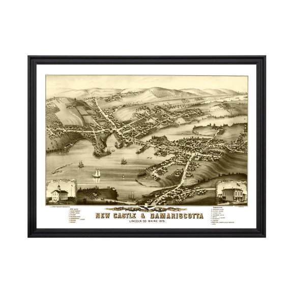New Castle & Damariscotta Art, 1878 Vintage Map of New Castle & Damariscotta Maine, ME History Wall Decor Gift, Old New Castle & Damariscotta Map - 24" x 18" Black Framed Print