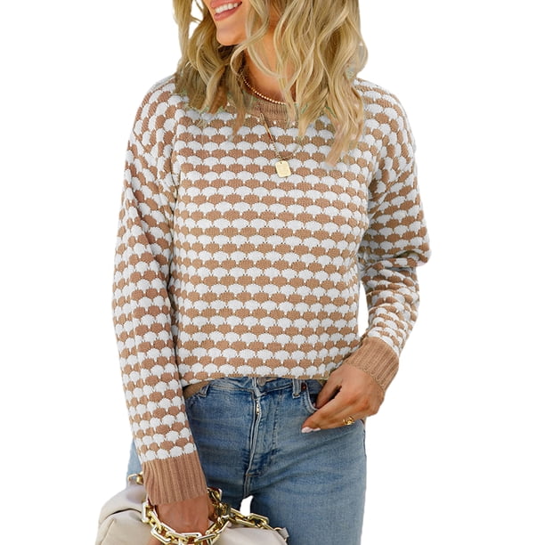 VISgogo suéter femenino, cuello redondo de color en contraste, manga larga, prendas de punto de retazos, traje de otoño, S/M/L/XL VISgogo moda