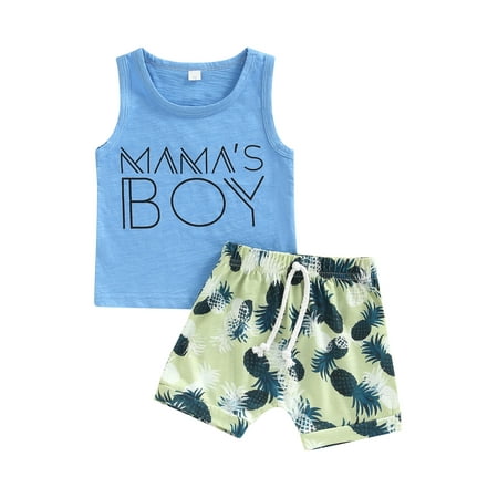 

Suanret 2Pcs Toddler Boys Streetwear Outfit Summer Letter Round Collar Sleeveless Vest Tops Elastic Waist Pineapple Printing Shorts Blue 2-3 Years