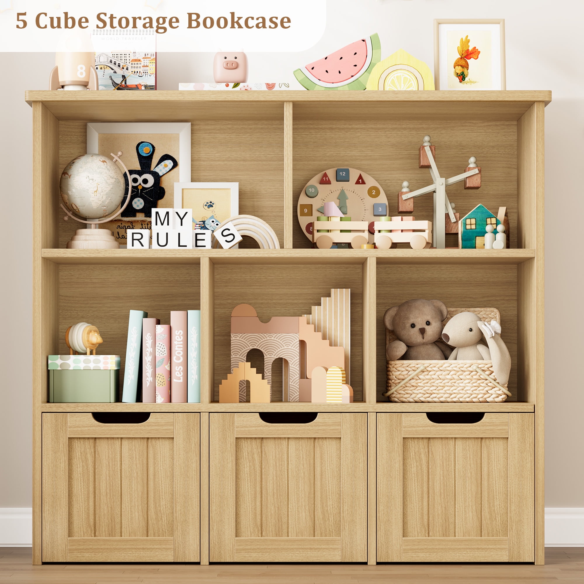 Homfa Toy Storage Organizer with 3 Movable Drawers, 5 Cube Kids Bookcase for Playroom, Storage Cabinet for Living Room, Natural Finish