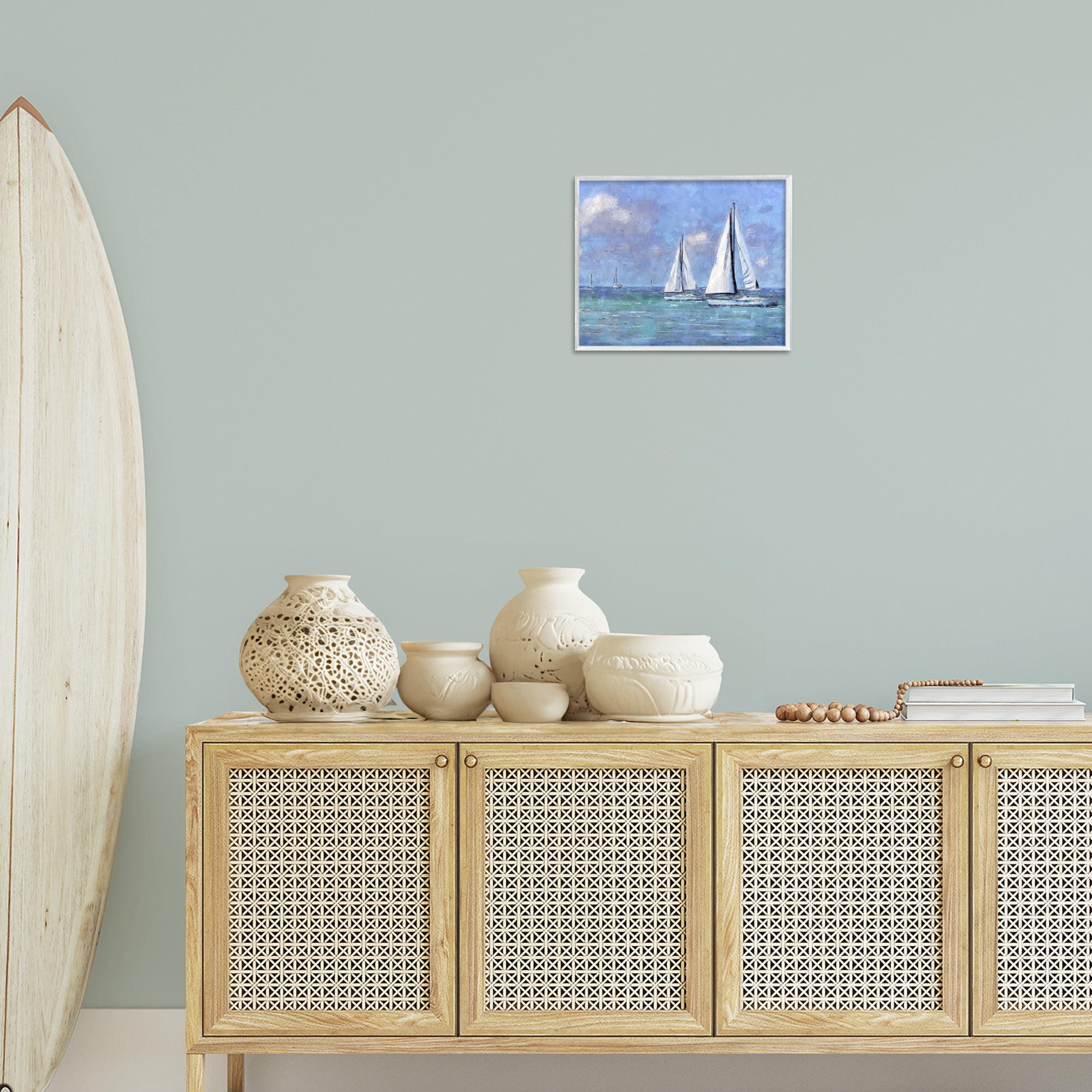 Stupell Industries Sailing Day Sailboats Landscape Painting White Framed Art Print Wall Art, 14 x 11
