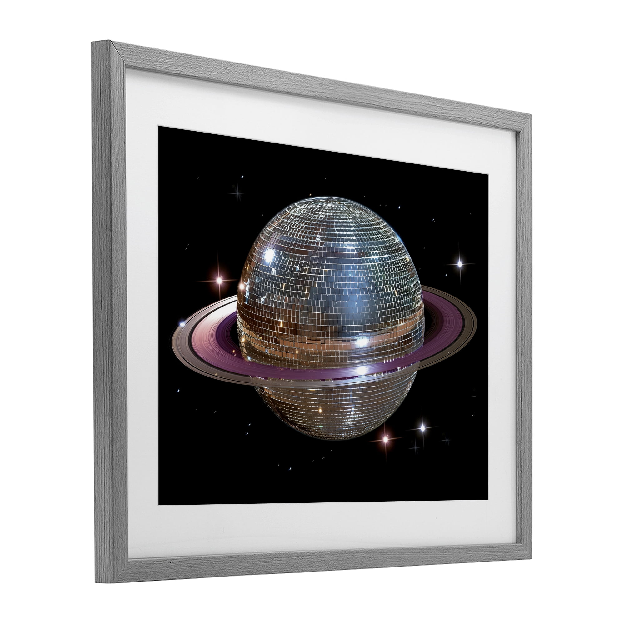 Purple Disco Ball Planet Gray Framed Print Under Glass, design by Decent Exposures