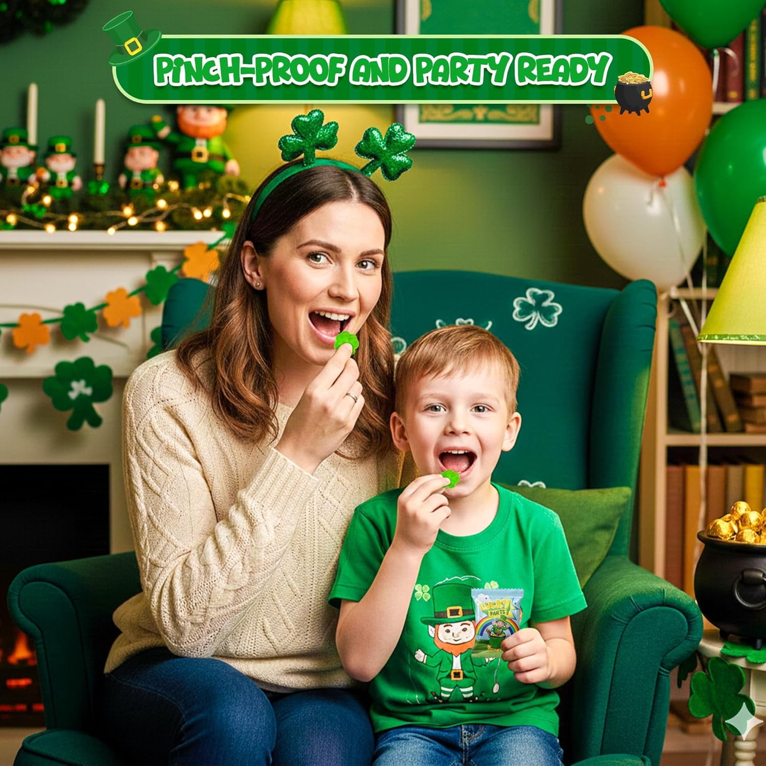 4E's Novelty St. Patrick's Day Lucky Farts Shamrock Gummies - 30 Individually Wrapped Bags (5 Pieces Each) Hilarious Green Gummy Candy