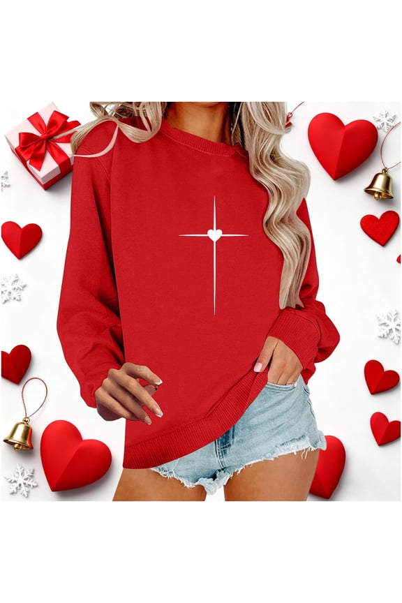 Valentine's Sweatshirt Womens Long Sleeve T-Shirts Loose Crew Neck Tops Red Size L