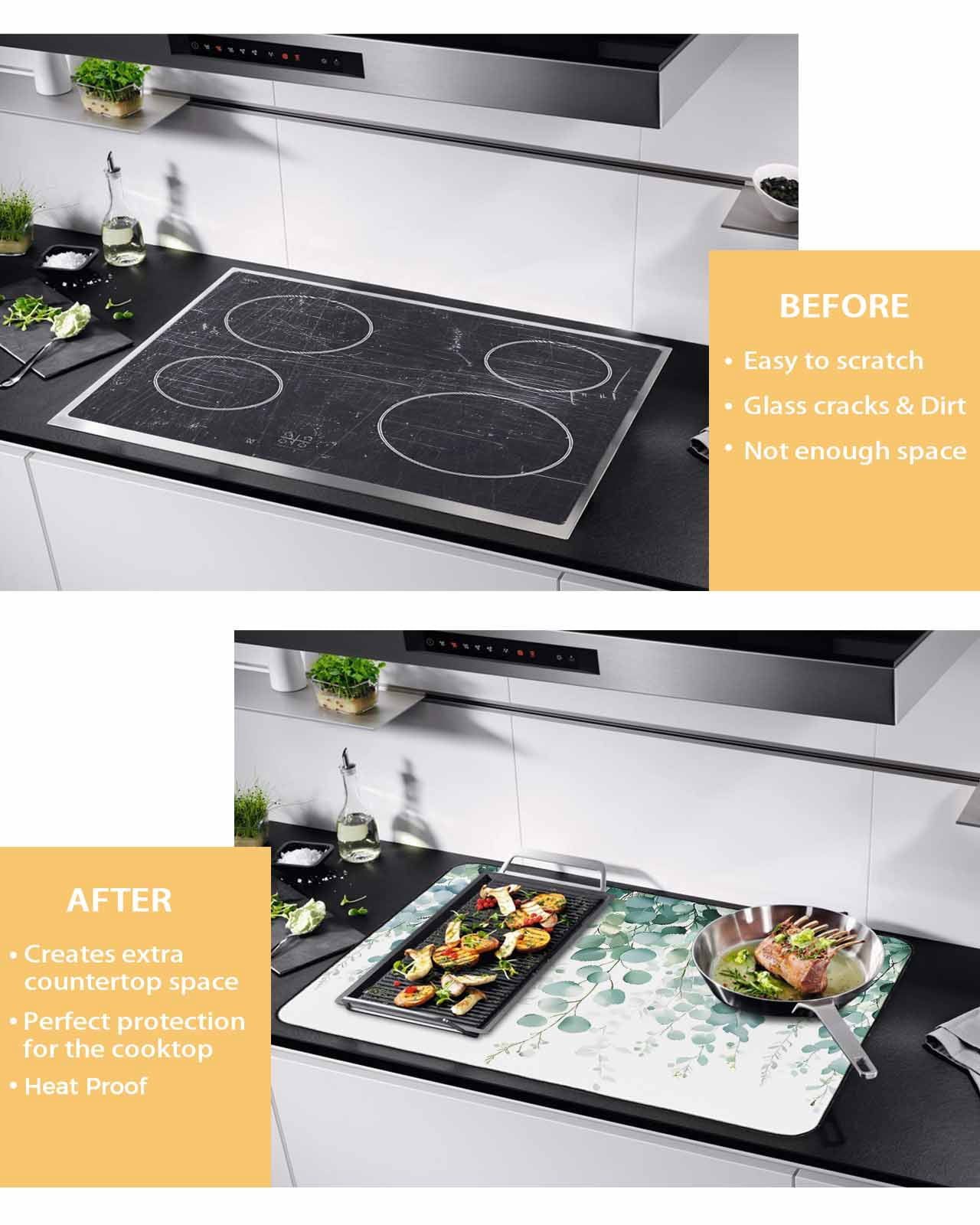 nqOlkjepod Large Induction Cooktop Protector Mat 24"x21", Eucalyptus Leaves Stove Top Covers for Electric Stove, Green Botanical Summer Spring Leaves Stove Burner Cover Mats, Glass Top Stove Cover