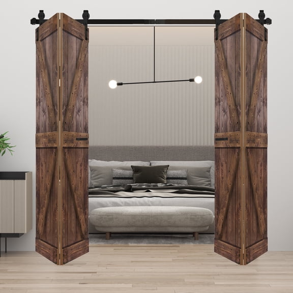 K Style 60 in. x 84 in. (15in x 84in x 4 Panels) Dark Walnut Finished Solid Wood Bi-Fold Barn Door with Two 3.3ft Hardware Kit -Assembly Needed
