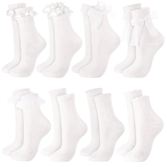 Bocaoying 8 Pairs Women's Lace Ankle Socks, White Frilly Cute Lettuces Socks Sheer Socks for Women with Bow & Heart, Sweet Lolita Thin Casual Socks, Y2K Styles Casual Socks for Daily Wear, 5-10
