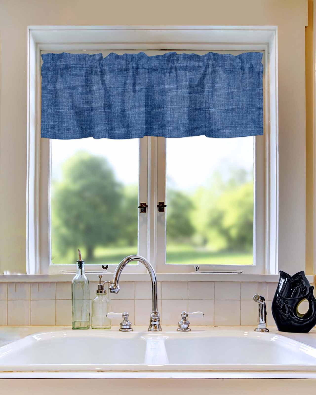 Kitchen Curtain Valances for Windows,Retro Farm Linen Flax Rod Pocket Small Valance Blue Solid Color Ocean Short Window Treatment for Bedroom Bathroom Living Room,54"x18"