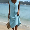 thumbnail image 4 of QUNYINEY Cotton Linen Womens Sundress Summer Midi Blue Sleeveless Tank Dress Loose Fit Vacation Beach V Neck Dresses, 4 of 8