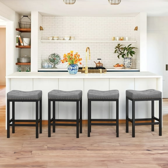 Dycanpo 24” Saddle Bar Stools Set of 4 with Modern Metal Legs, for Home Kitchen, Dark Gray