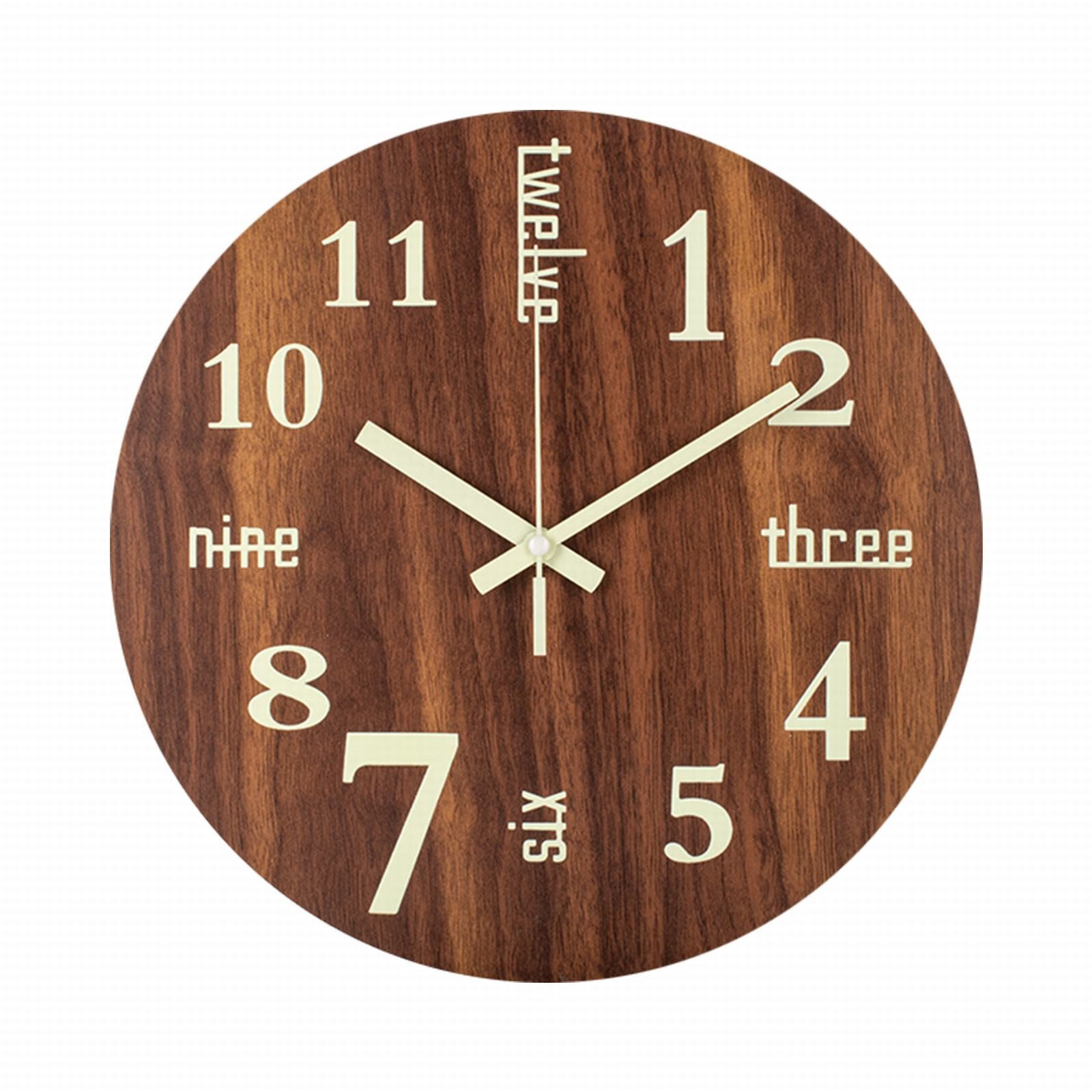 Luminous Wall Clock 12 Inch Small Retro Glow In The Dark Wooden
