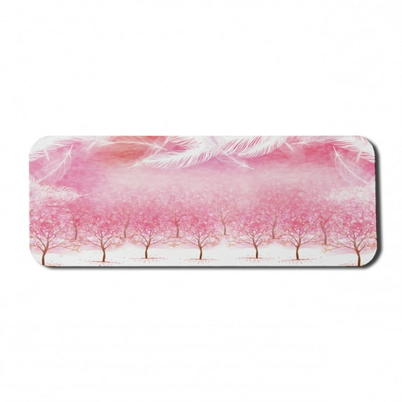 Pink Computer Mouse Pad, Hazy Japanese Cherry Blossom Trees with Feather Effects on Top Romantic Design, Rectangle Non-Slip Rubber Mousepad Large, 31" x 12" Gaming Size, Pale Pink White, by Ambesonne