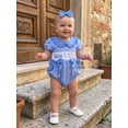 thumbnail image 4 of BemeyourBBs Mama's Bestie Baby Girls Summer Newborn Baby Girl Smocked Romper Outfits Adorable Letter Embroidery Short Sleeve Doll Collar Bodysuit And Headband Set, 4 of 9