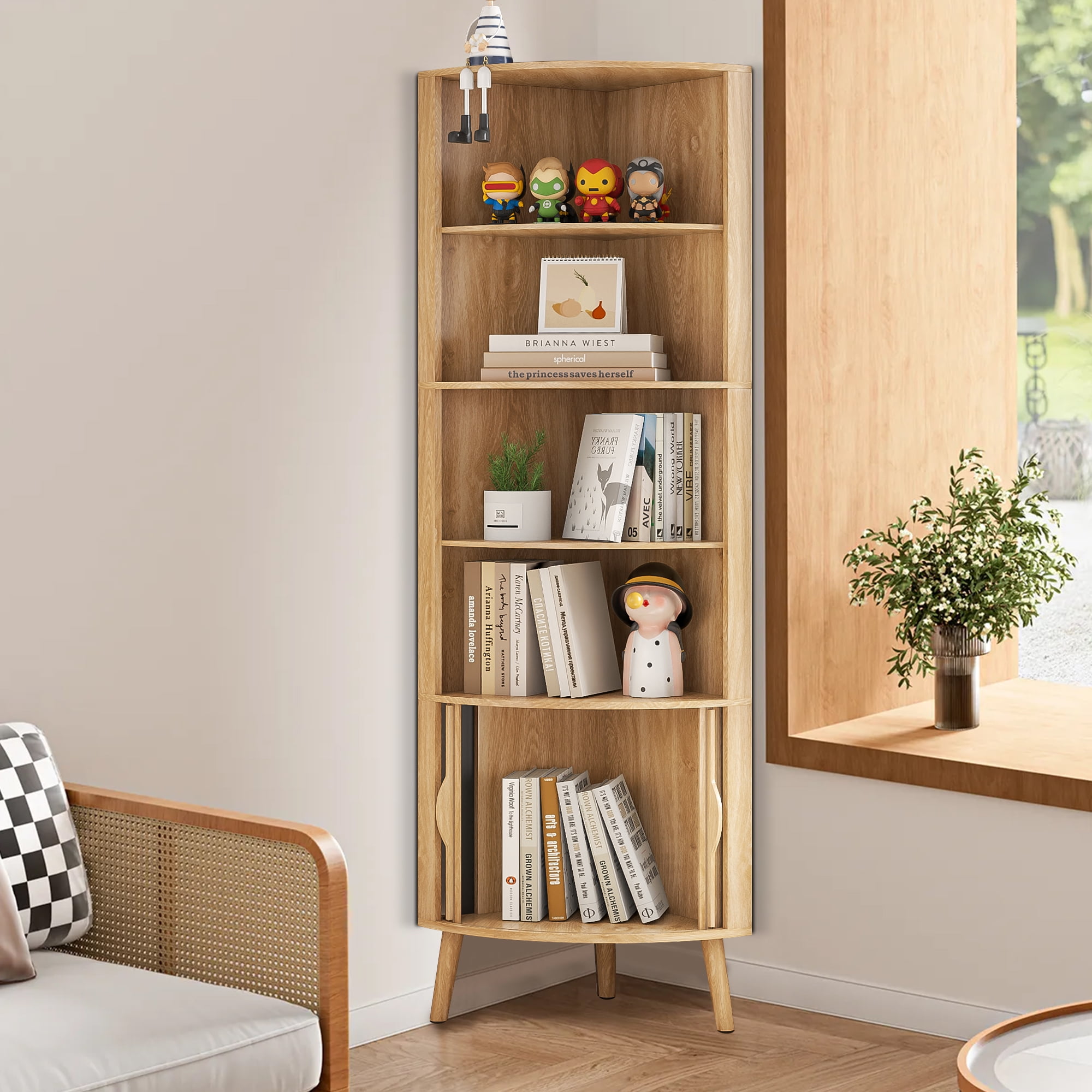 Bathroom Floor Corner Cabinet with Doors, Freestanding Narrow Storage Cabinets for Living Room, Kitchen, Walnut Color